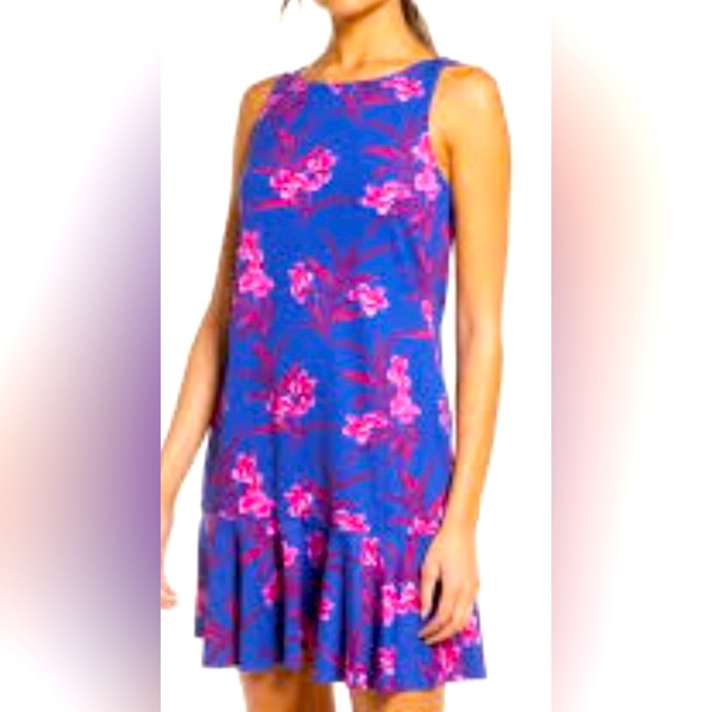 Tommy Bahama Floral Sleeveless Dress Small Blue Pink Pockets Hawaii Vacation